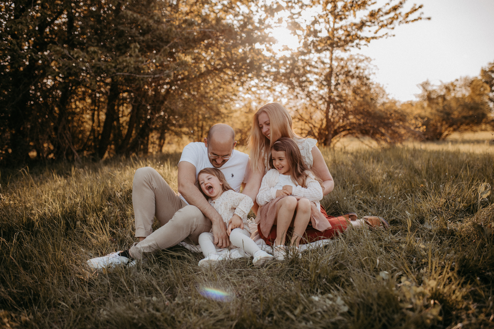 Auf dem Bild sieht man eine vierköpfige Familie. Sie sitze gemeinsam auf einer Blumenwiese